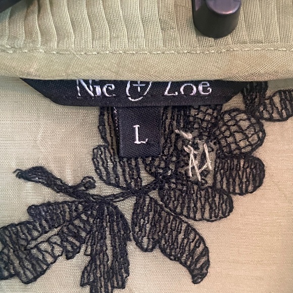 NIC+ZOE Olive Green Ruffle V-Neck Blouse with Black Floral Embroidery - Picture 2 of 8